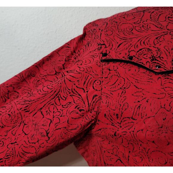 Wrangler Red Black Rhinestones Button Snap Top Medium Lightweight Collard Soft - Picture 6 of 6